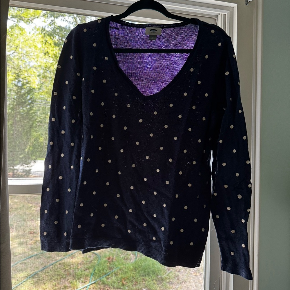 Old Navy Navy V-Neck Sweater with White Polka Dots